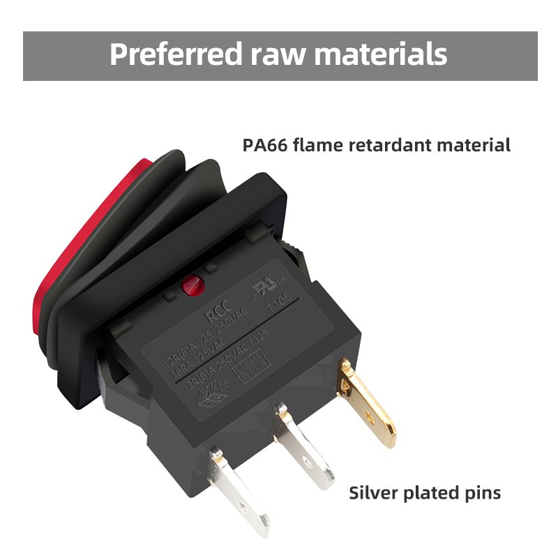 12V Rocker Switch Waterproof IP65 PA66 Rocker On Off Switch With Red LED Light 6A 250VAC