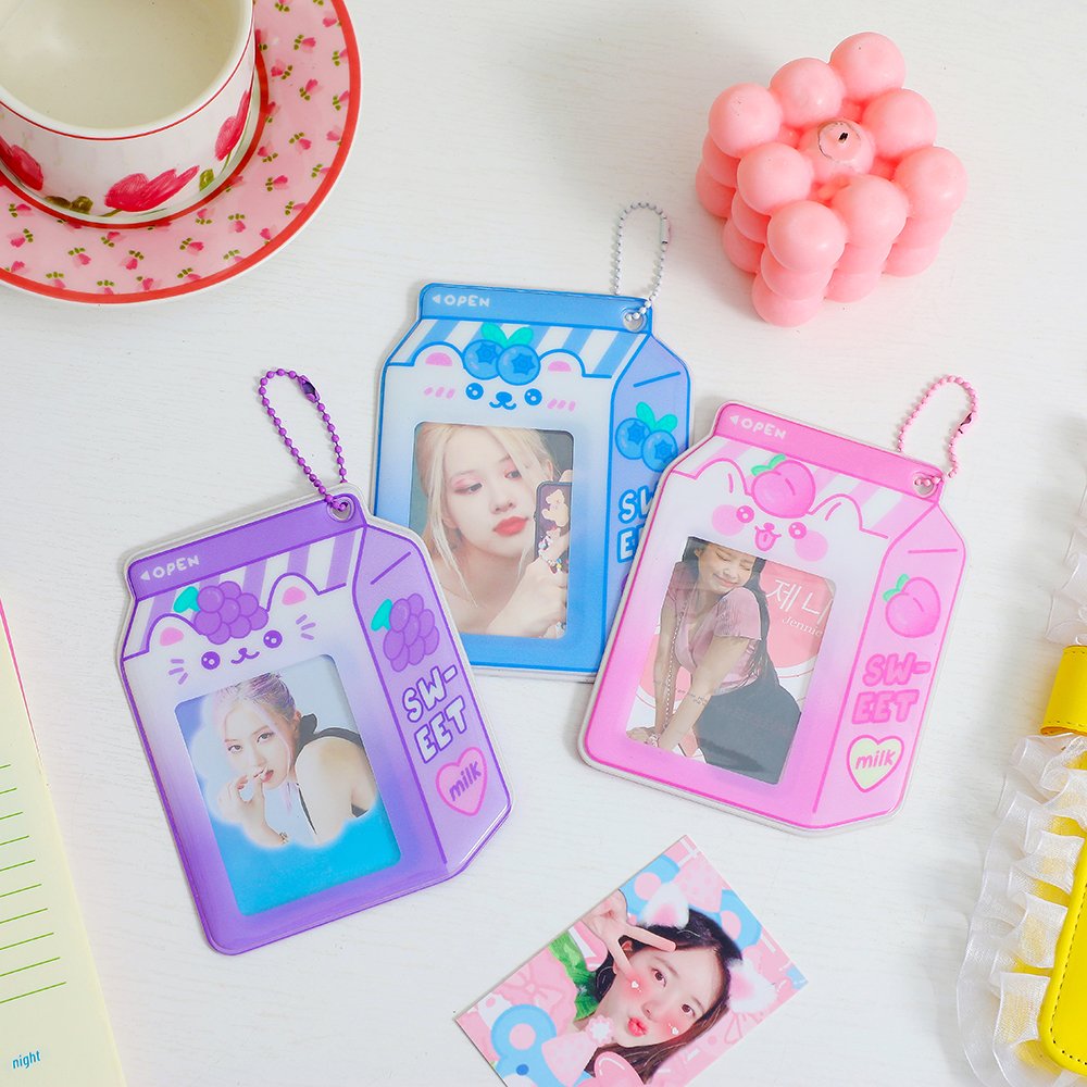 Creative Milk Bottle Photocard Holder With Keychain Kpop Protector Card Holder Photo Sleeves Student Stationary