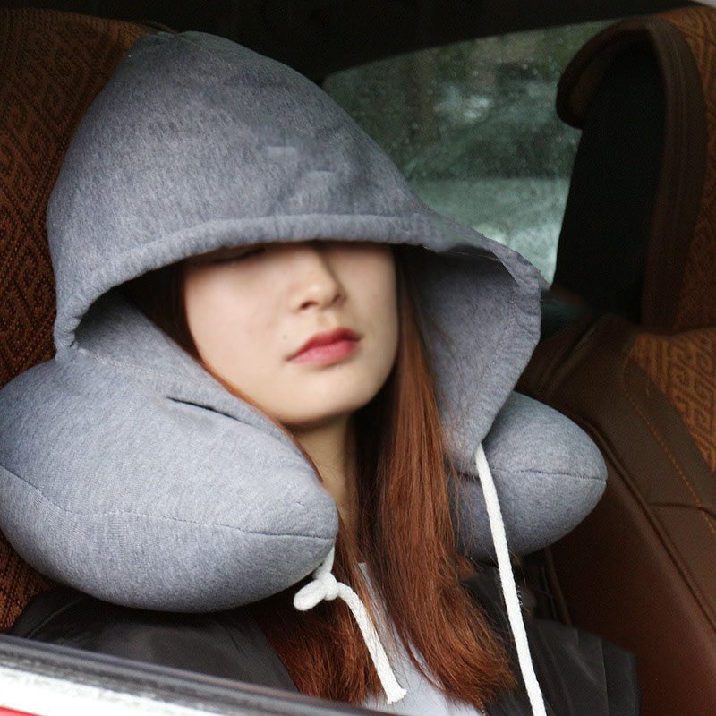 Polystyrene Foam Microbeads Neck U Shaped Airplane Bus Car Sleeping Travel Pillow With Hood