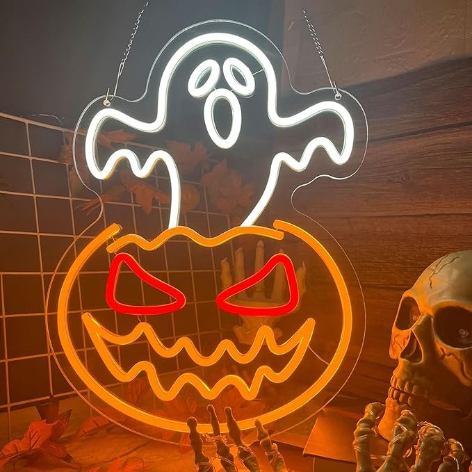 Halloween Boo Neon Sign Spooky Ghost Neon Light Pumpkin Neon Signs Halloween House Decor Orange Pumpkin LED Sign White Ghost