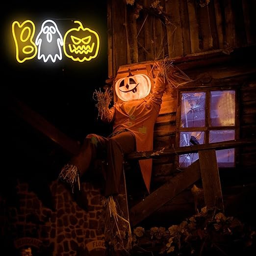 Halloween Boo Neon Sign Spooky Ghost Neon Light Pumpkin Neon Signs Halloween House Decor Orange Pumpkin LED Sign White Ghost