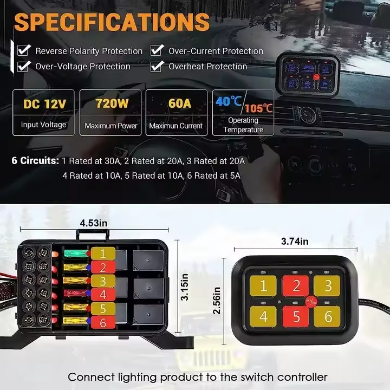 6 Gang RGB Switch Panel with Fuse Relay Box, 3 LED Color Switching, Car Universal Push Button Switch Panel 12V for 4x4 Off Road