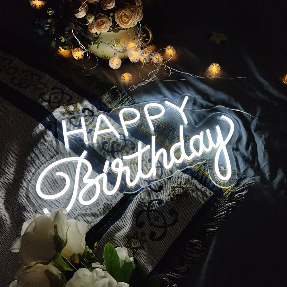 DropShipping Custom Logo Personalized Advertising Lights up Acrylic Happy Birthday LED Neon Sign for Wedding Party Wall Decor