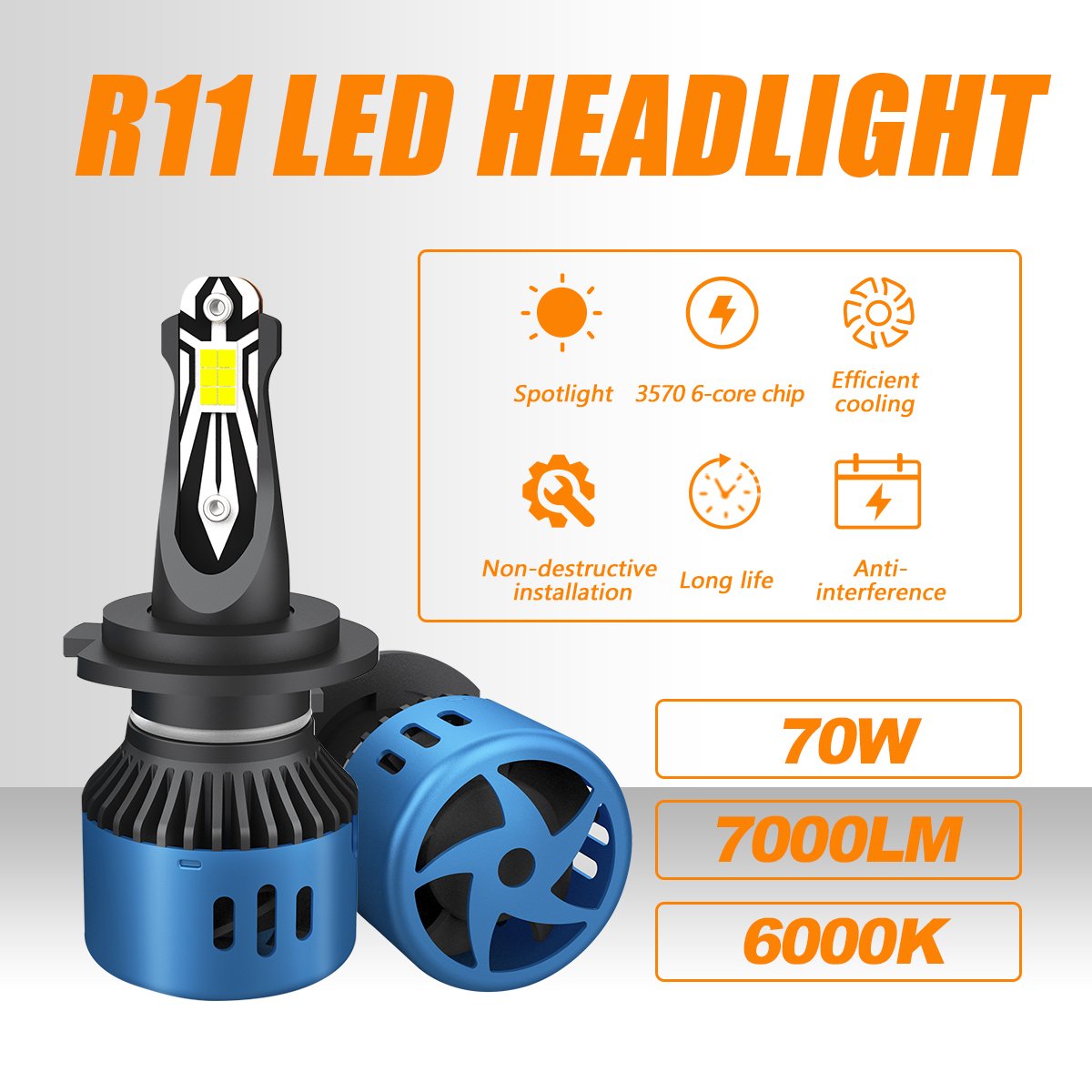 AKE R11 70W 5202 Led Headlight Bulbs 6000K 7000Lm 360 Degree Beam Turbo Led H1 H3 H4 H7 H11 880 9004 9005 9006 9007 9012 Lights