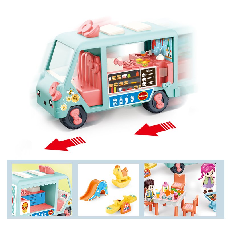 Kids DIY Doll House Play Set Portable caravan Camper Free Wheel Bus Car Kitchen Toy Kit Motorhome Pretend Play Toy