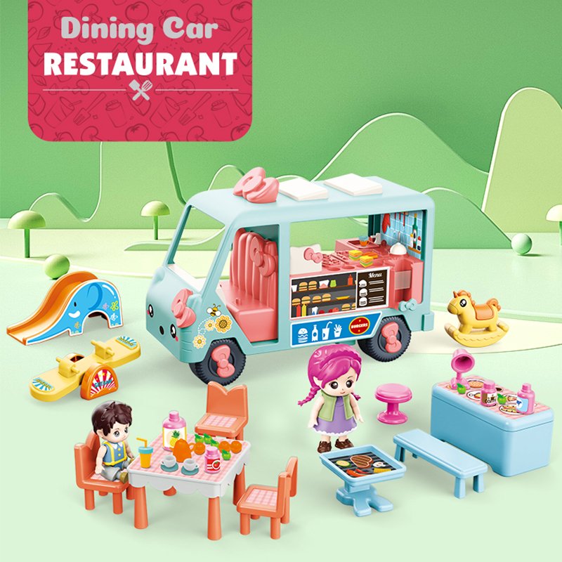 Kids DIY Doll House Play Set Portable caravan Camper Free Wheel Bus Car Kitchen Toy Kit Motorhome Pretend Play Toy