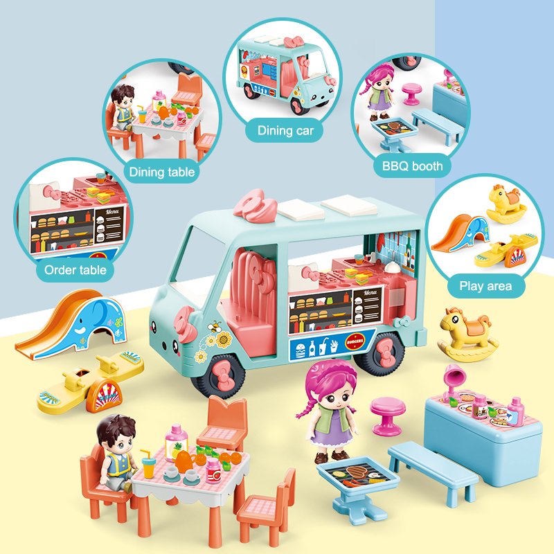 Kids DIY Doll House Play Set Portable caravan Camper Free Wheel Bus Car Kitchen Toy Kit Motorhome Pretend Play Toy