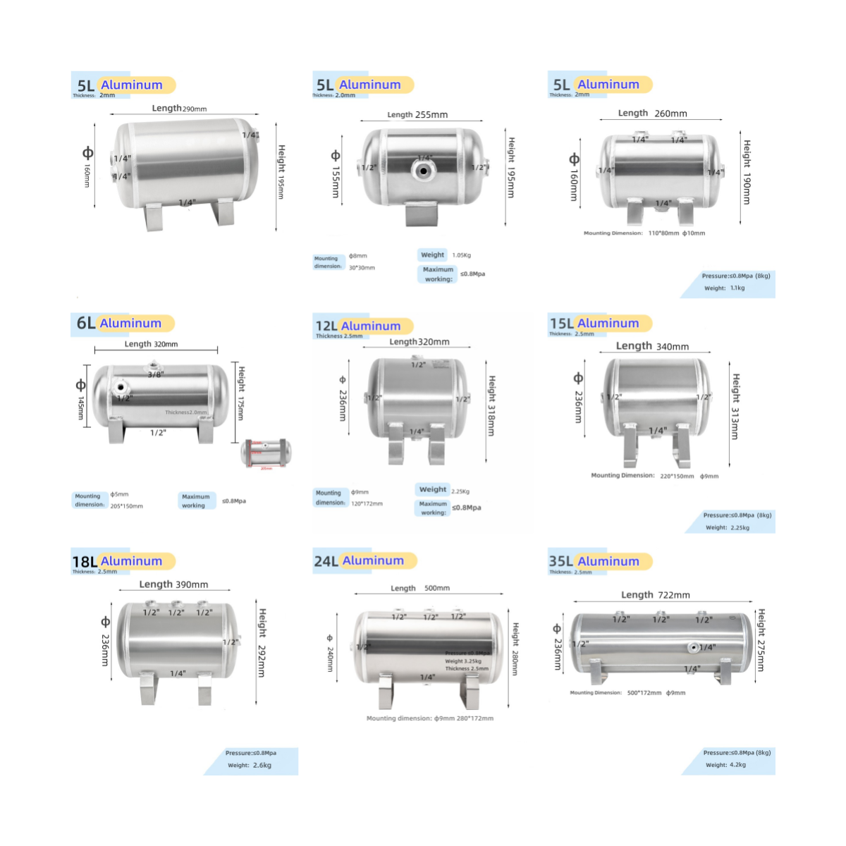Factory Direct 15L/4-Gallon 5-Port Air Reservoir Tank Steel & Aluminum Air Brake Tank 150PSI/200PSI for Heavy Trucks & Buses