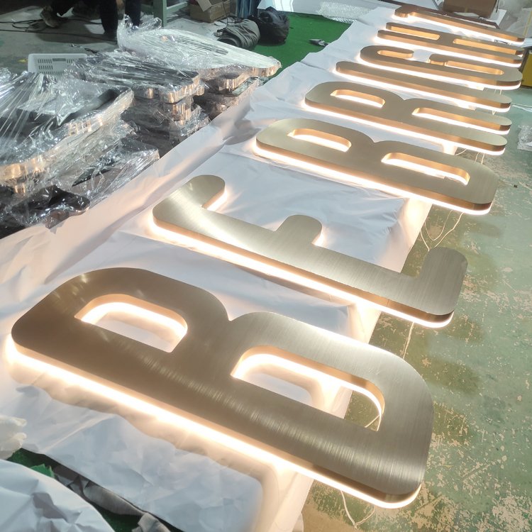 Custom Outdoor Gold Brushed Stainless Steel Backlit Signage 3d Shop Name Matel Sign Led Illuminated Sign From Party Advertising
