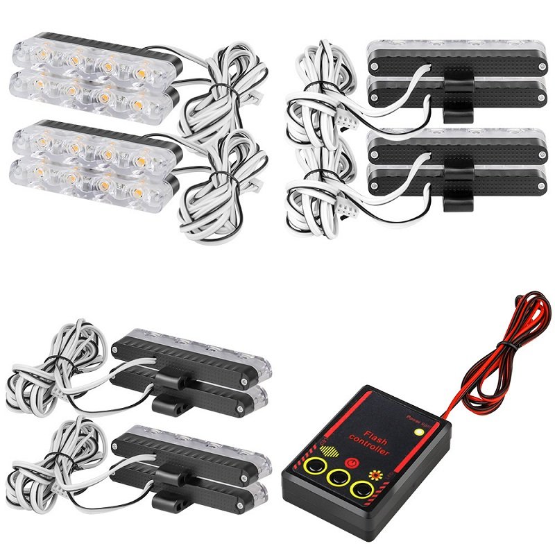 4*2 LED Auto Strobe Lights Grill Warning Lamp 12V Motorcycles Flasher Flashlight Car Accessories