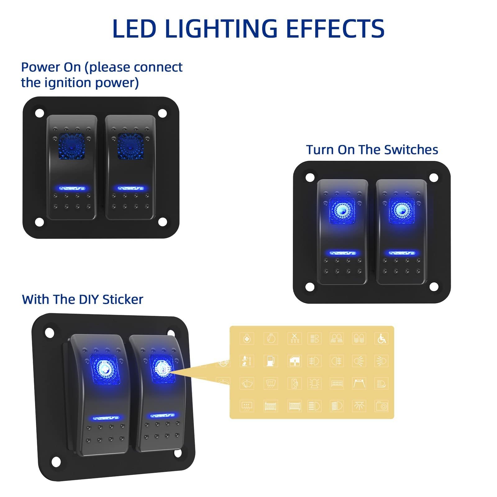 2 Gang Marine Rocker Switch LED 12V 24V 5 Pin on Off Pre-wired Boat Car Automotive Bus Rocker Light Switch Panel Waterproof