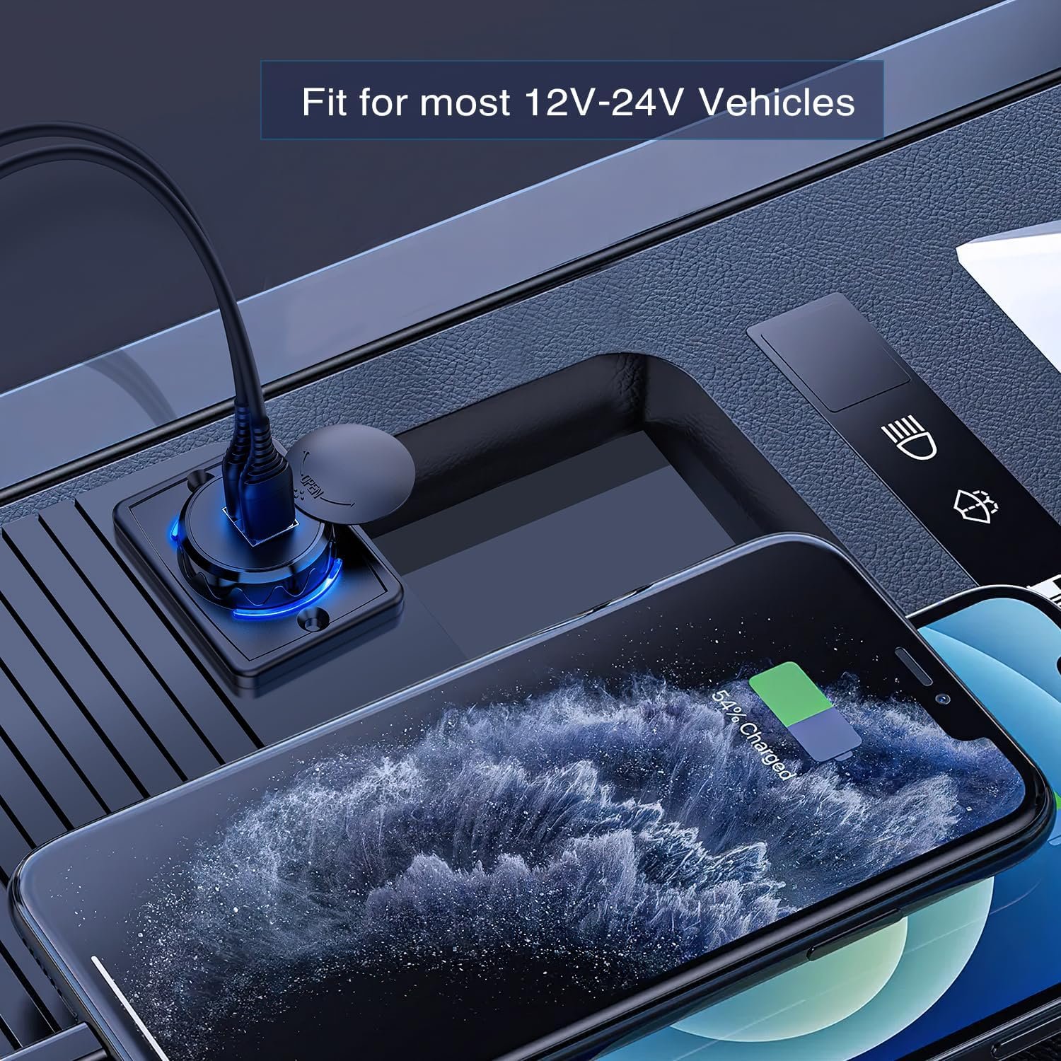 12V 24V Dual USB Charger 3.1A Car Outlet with Waterproof Cover Rotating Cap LED Light for Cars Trucks RVs Campers