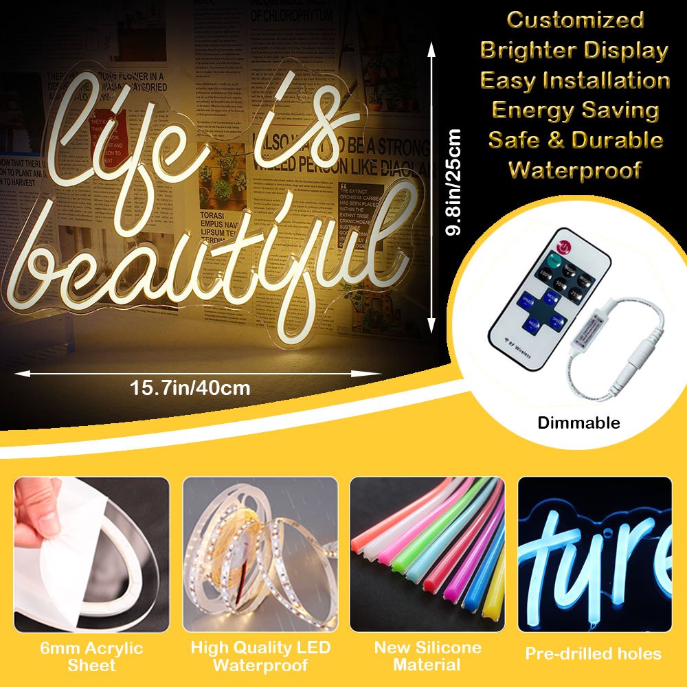 Adjustable Brightness Warm Slogan Neon Sign Life Is Beautiful Channel Led Neon Sign for Outdoor Wall Mounted Lighting up Decor