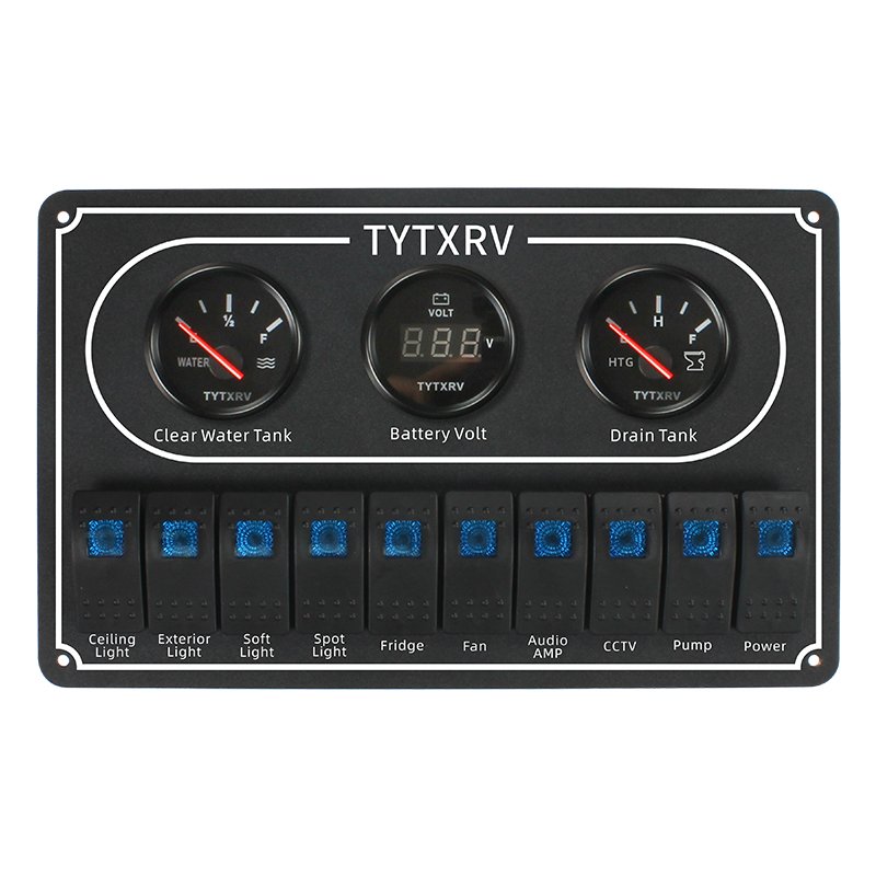 TYTXRV RV Accessories 12V/24V 10 Gang Control Switch Panel with Blue Lamp Waterproof Rocker Switch for RV Trailer Bus Marine