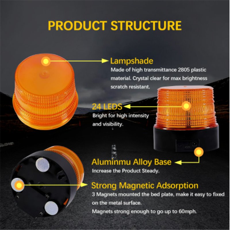 Car 9-32V Rotation LED Flashing Beacon Light LED Amber Strobe Light for Trucks Forklift Vehicles