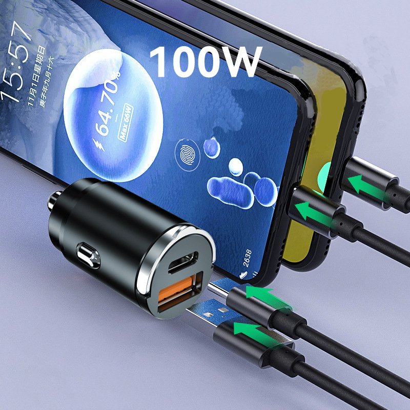 Factory Price Metal Alloy Mini Car Charger 100W QC3.0 USB C Dual Ports Power Adapter
