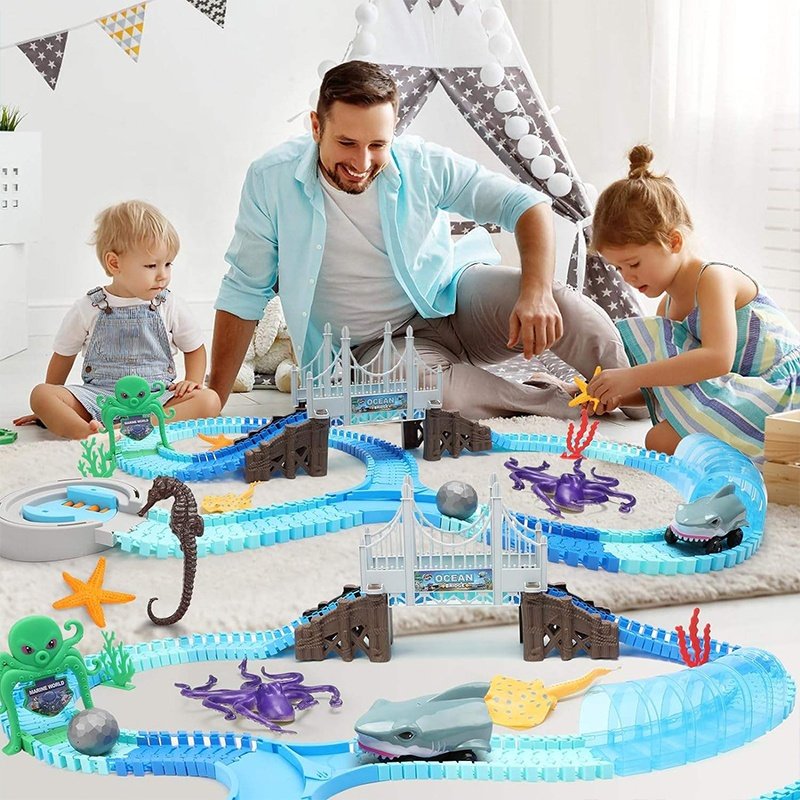 Samtoy 183PCS Ocean Theme STEM Educational Play Set Flexible Racetrack Kids Electric Toy Race Track Shark Track Car for Gift