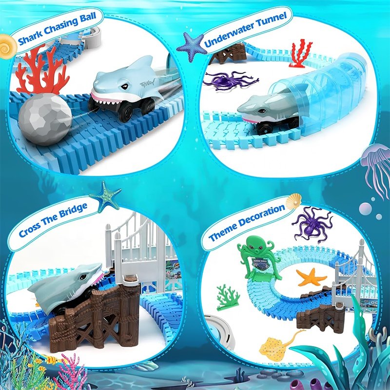 Samtoy 183PCS Ocean Theme STEM Educational Play Set Flexible Racetrack Kids Electric Toy Race Track Shark Track Car for Gift