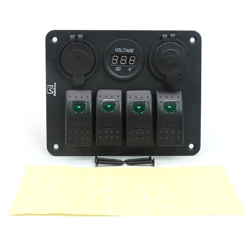 12V 4 Gang RV Switch Panel with Dual USB Car Power Socket Digital Voltmeter Rocker Toggle Switch Panel for Truck Boat Marine