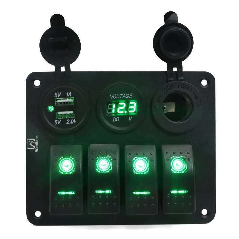 12V 4 Gang RV Switch Panel with Dual USB Car Power Socket Digital Voltmeter Rocker Toggle Switch Panel for Truck Boat Marine