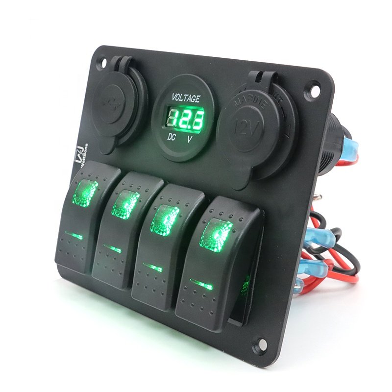 12V 4 Gang RV Switch Panel with Dual USB Car Power Socket Digital Voltmeter Rocker Toggle Switch Panel for Truck Boat Marine