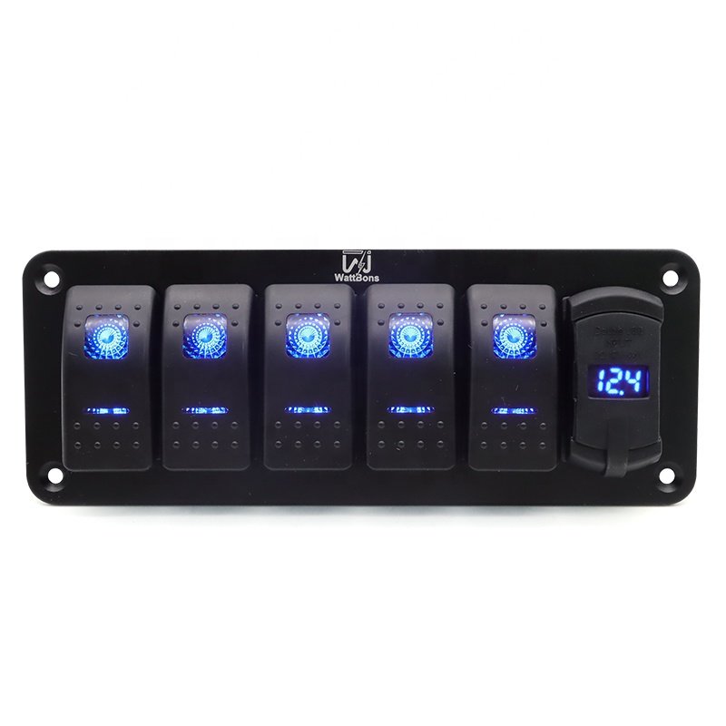 5 Gang Marine Boat Rocker Switch Panel Waterproof Dual USB Port Car Charger Socket 12V 20A on OFF LED Rocker Switch Illuminated