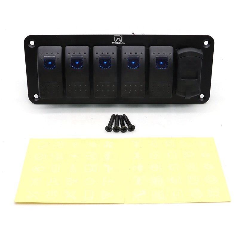 5 Gang Marine Boat Rocker Switch Panel Waterproof Dual USB Port Car Charger Socket 12V 20A on OFF LED Rocker Switch Illuminated