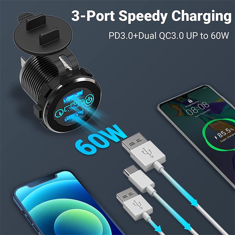 Metal 12V 24V Triple USB Output PD3.0 and Dual QC3.0 Ports 60W USB-C Multiple Car Charger Socket with Touch Switch