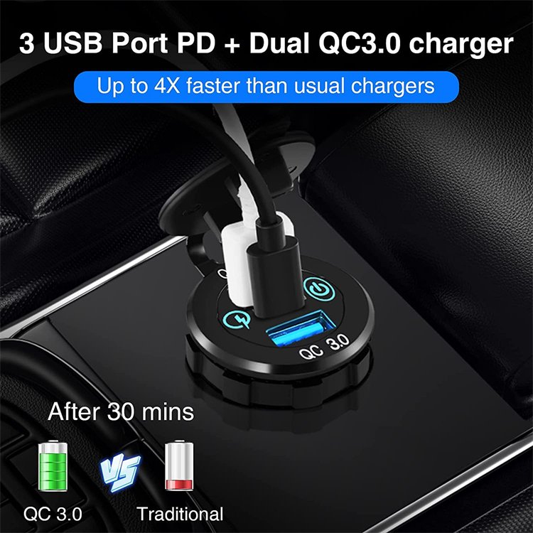 Metal 12V 24V Triple USB Output PD3.0 and Dual QC3.0 Ports 60W USB-C Multiple Car Charger Socket with Touch Switch