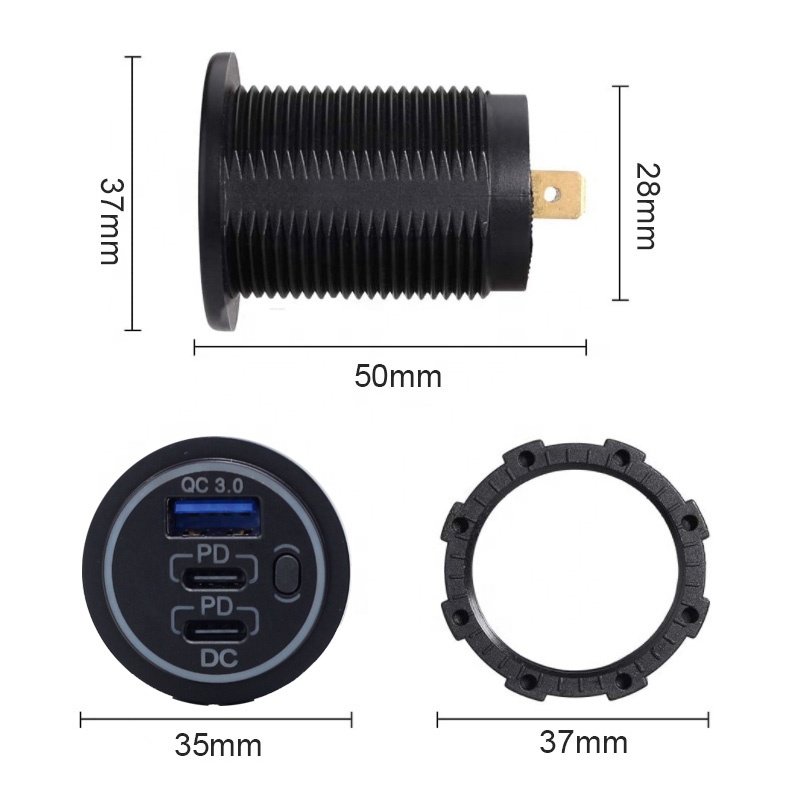 3 Ports Single 18W USB3.0 Plus Dual 20W PD Type C 18W PD QC 3.0 with Button Switch Charger Socket for Car Marine RV