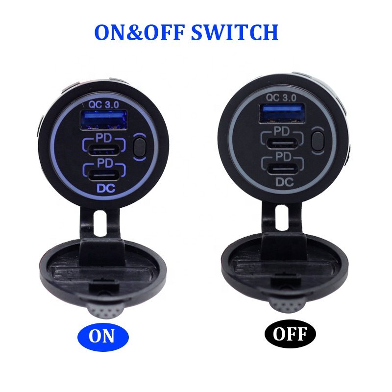 3 Ports Single 18W USB3.0 Plus Dual 20W PD Type C 18W PD QC 3.0 with Button Switch Charger Socket for Car Marine RV