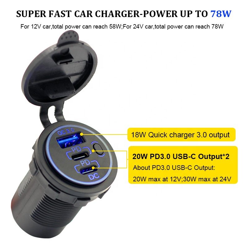 3 Ports Single 18W USB3.0 Plus Dual 20W PD Type C 18W PD QC 3.0 with Button Switch Charger Socket for Car Marine RV