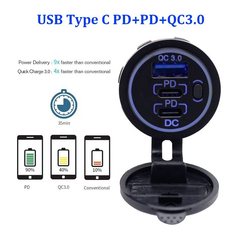 3 Ports Single 18W USB3.0 Plus Dual 20W PD Type C 18W PD QC 3.0 with Button Switch Charger Socket for Car Marine RV