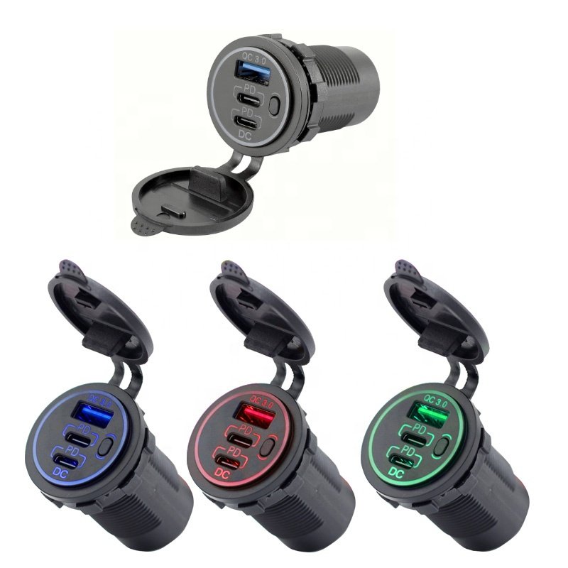 3 Ports Single 18W USB3.0 Plus Dual 20W PD Type C 18W PD QC 3.0 with Button Switch Charger Socket for Car Marine RV