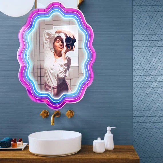 Neon Light Wavy Mirror Vanity Mirror With Led Lights Indoor Personalized Sign Babe Mirror Babe Acrylic Led Neon Sign