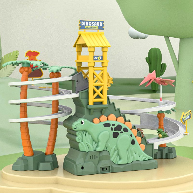 Electric Racing Toy for Kids Dinosaur Adventure with Stair Climbing Slide Track ABS Plastic Battery-Powered Slot Cars