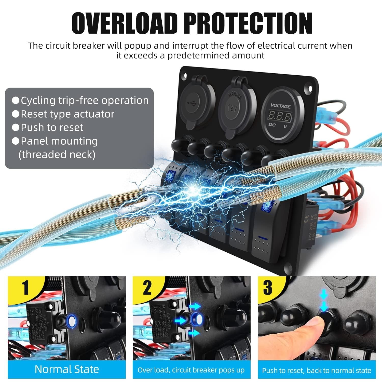 4 Gang Marine Rocker Switch Panel Waterproof Car Lighter USB Type C Socket LED Voltmeter Boat Switch Panel with Circuit Breaker