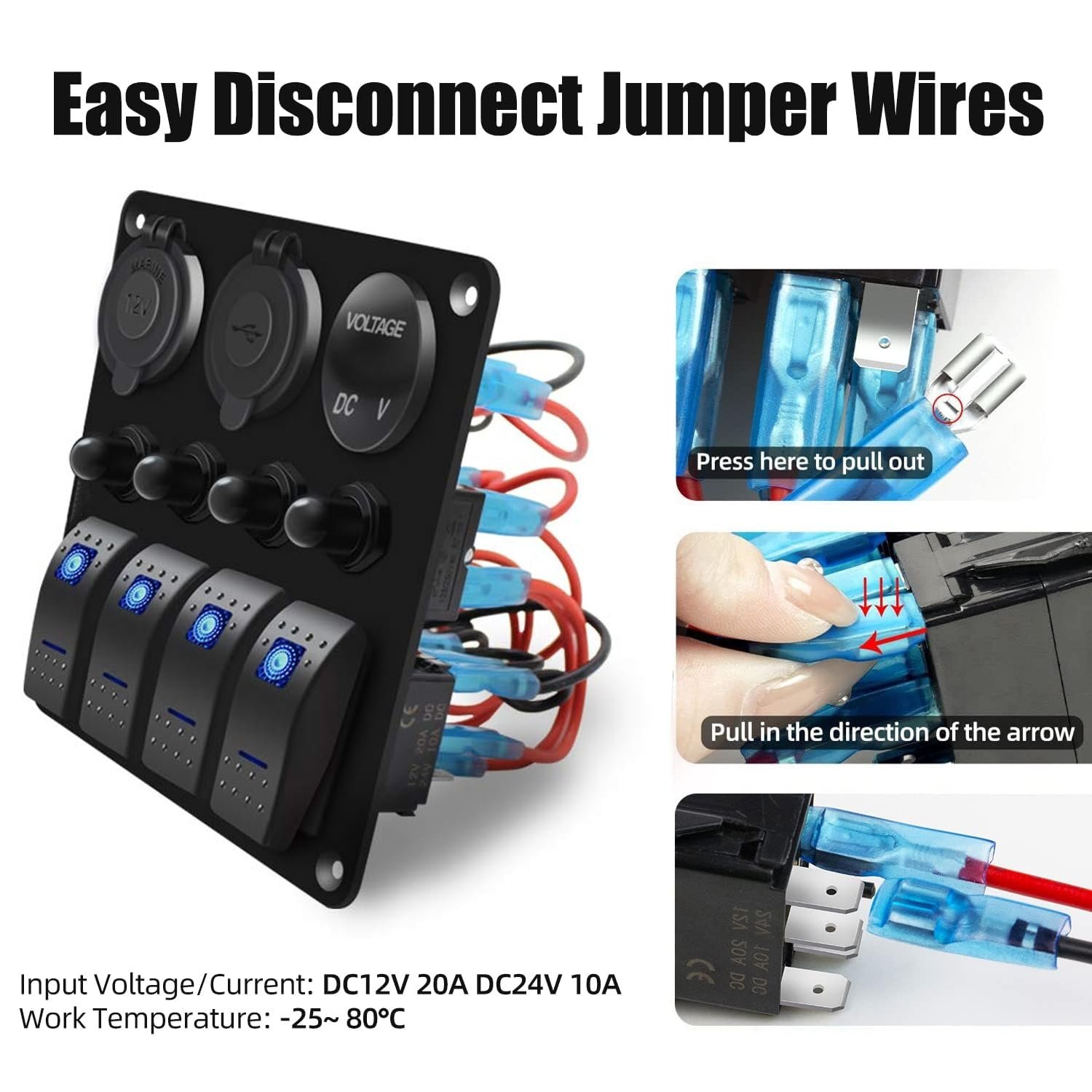 4 Gang Marine Rocker Switch Panel Waterproof Car Lighter USB Type C Socket LED Voltmeter Boat Switch Panel with Circuit Breaker