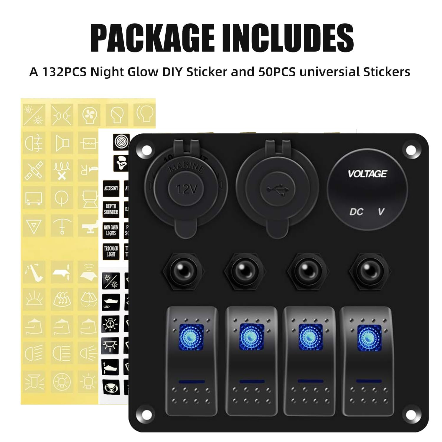 4 Gang Marine Rocker Switch Panel Waterproof Car Lighter USB Type C Socket LED Voltmeter Boat Switch Panel with Circuit Breaker