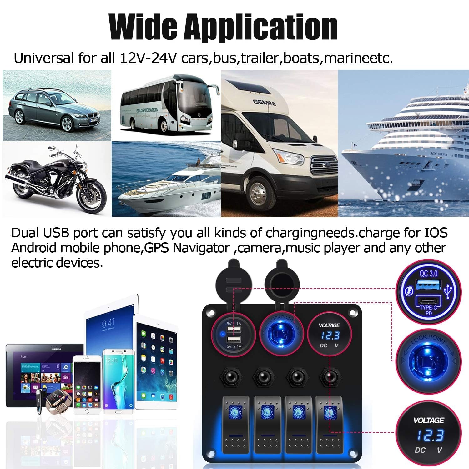 4 Gang Marine Rocker Switch Panel Waterproof Car Lighter USB Type C Socket LED Voltmeter Boat Switch Panel with Circuit Breaker