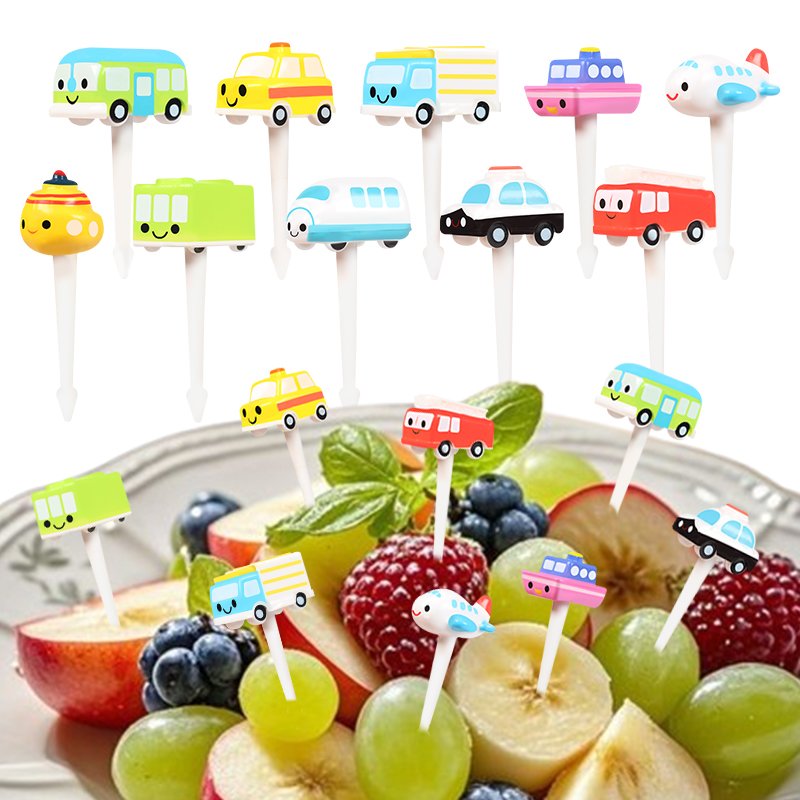 Cartoon Car Bus & Taxi Silhouette Design Cute Small Silicone Fruit Fork for Kids Beto Pick Lunch Utensil Safe for Kids Use