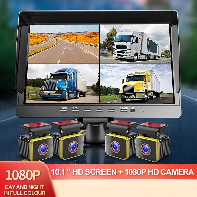 PZ DVR Recording 10.1 Inch 4CH Car Reversing Rearview Monitor Truck Bus Lorry Van 1080P Backup Camera System Kit