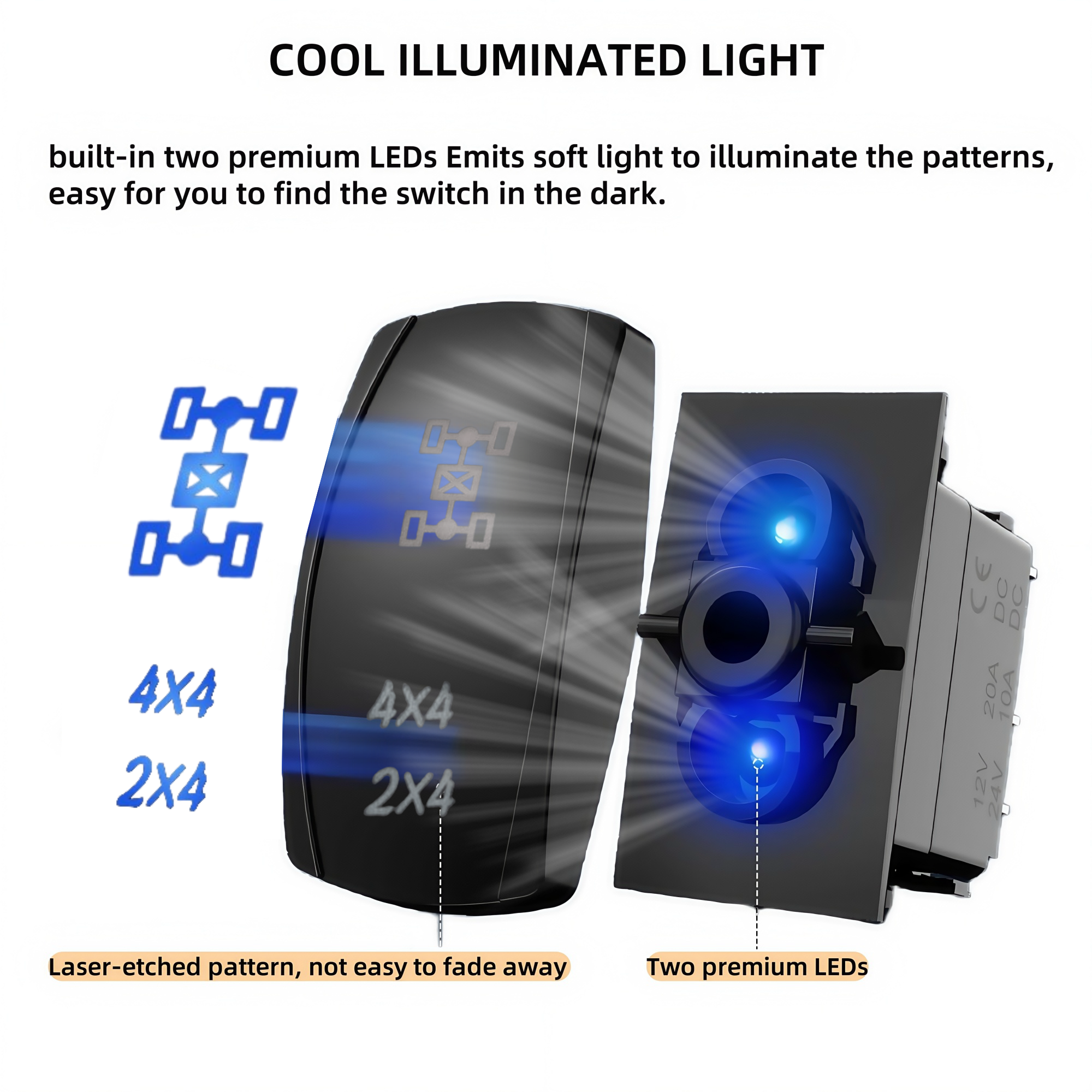 4x4 Rocker Switch 12V 24V 5 Pin SPST on OFF Marine Boat Heavy Duty Toggle Switch Laser Etched Car RZR Illuminated Rocker Switch
