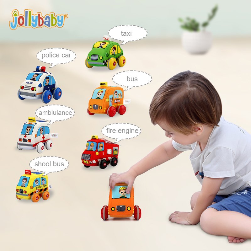 Jollybaby Police Cars Baby Mini Toy Soft Vehicles Pull-Back Racing Baby Plush Stuffed Car Toys for Children Kids