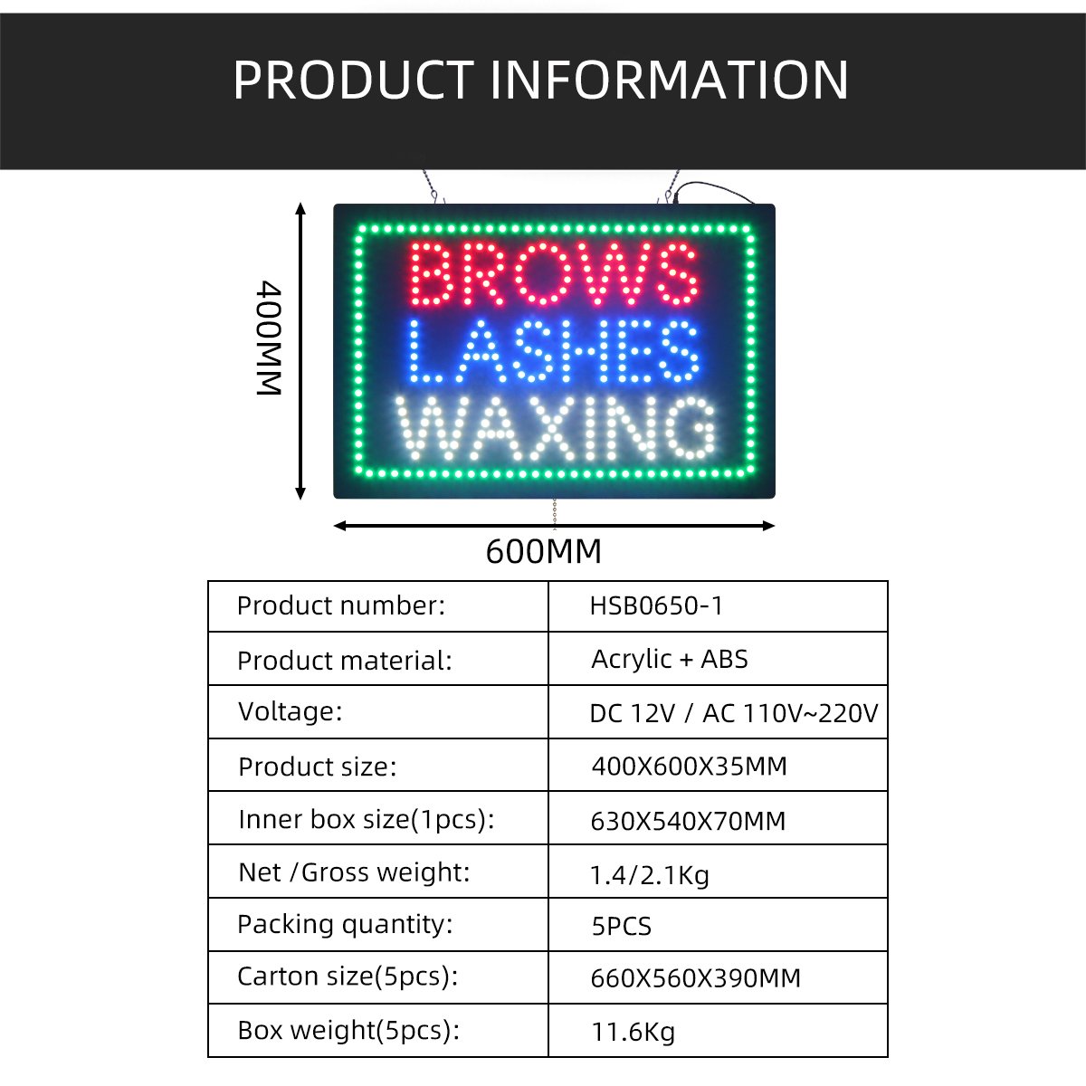 16*24" Super Bright Led Brows Lashes Waxing Indoor Sign Business Open Sign for Beauty Salon Store