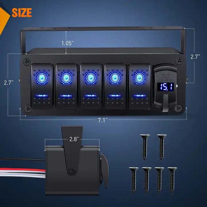 5 Gang Car Switch Panel with PD USB 12V 24V Marine LED Rocker Switch Box Aluminum Holder Automotive Switch Box for Boat RV Truck