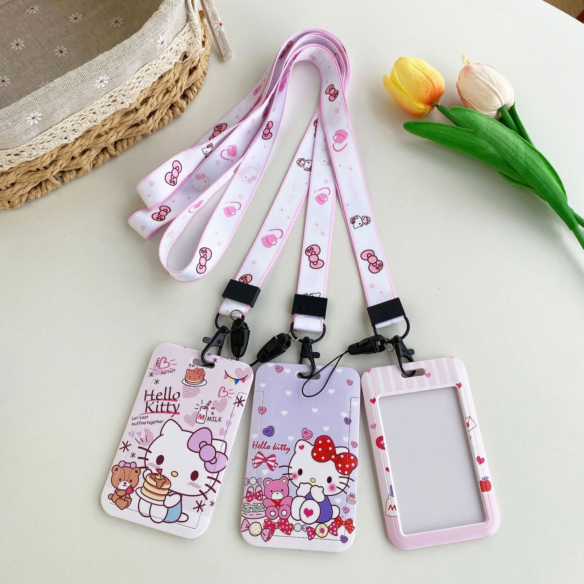 Card Cover Lovely Cartoon Kitty Card Case with Lanyards Anti-Lost Student Bus ID Badge Card Holder Lanyard Accessories