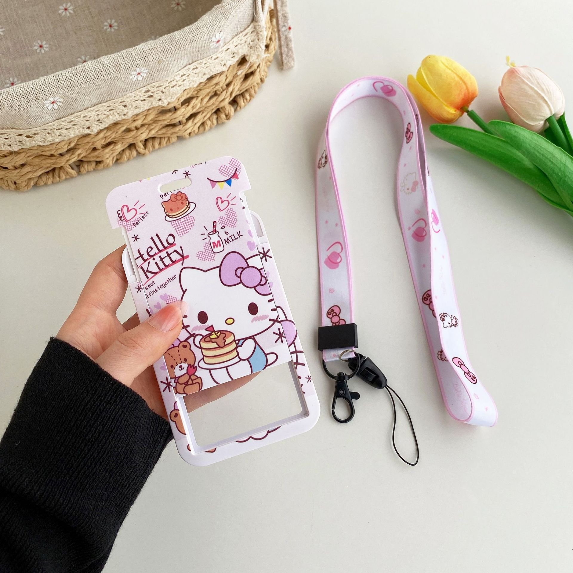Card Cover Lovely Cartoon Kitty Card Case with Lanyards Anti-Lost Student Bus ID Badge Card Holder Lanyard Accessories