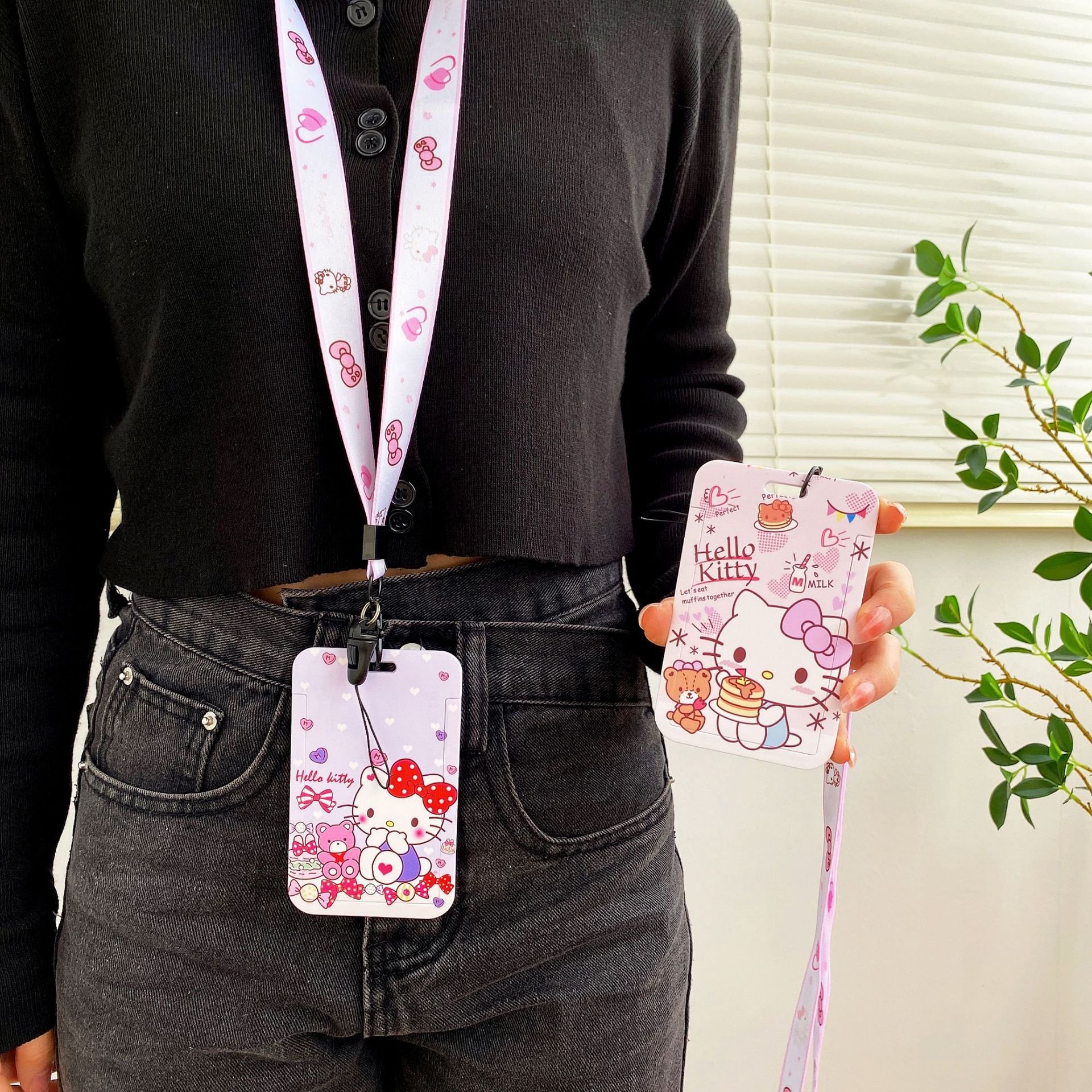 Card Cover Lovely Cartoon Kitty Card Case with Lanyards Anti-Lost Student Bus ID Badge Card Holder Lanyard Accessories