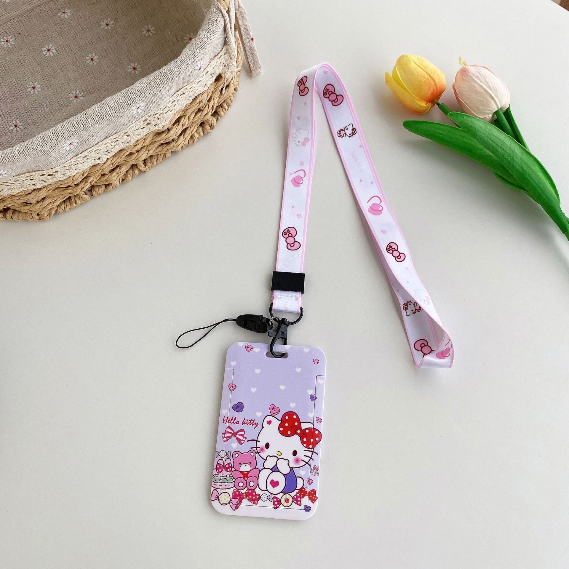 Card Cover Lovely Cartoon Kitty Card Case with Lanyards Anti-Lost Student Bus ID Badge Card Holder Lanyard Accessories